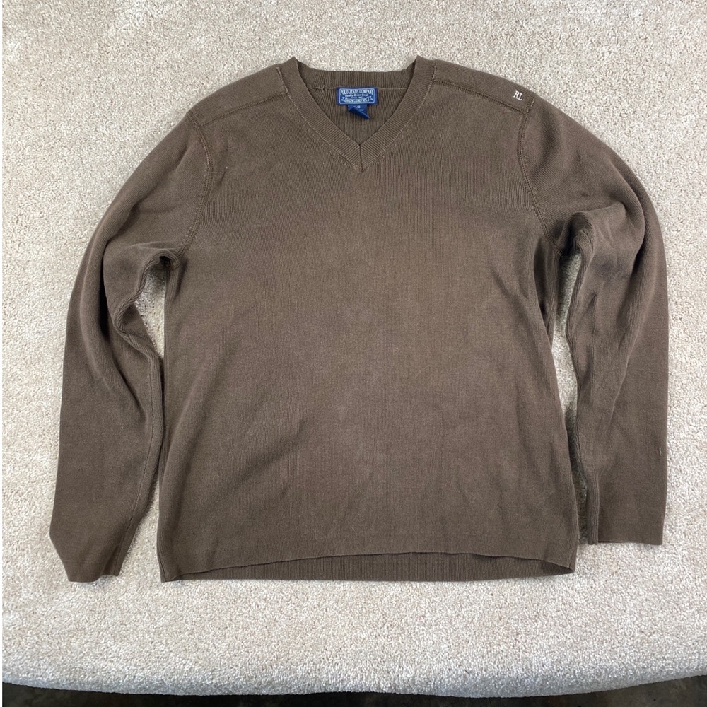 Polo Jeans Co Ralph Lauren Mens Brown Cotton V-Neck Sweater Large RN41381